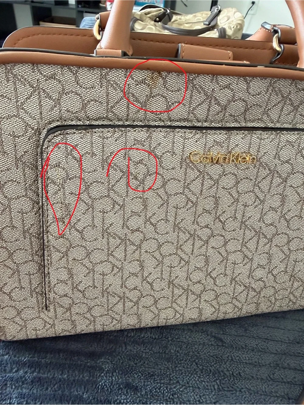 Calvin Klein Tan and Cream Signature Satchel with Shoulder Strap